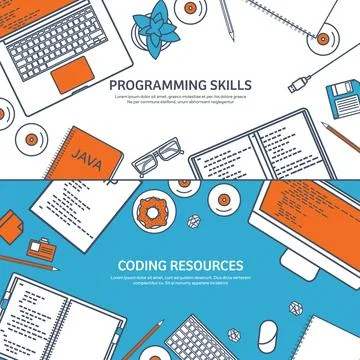 Lined programming,coding and SEO. Outline computing background. Code, hardware Stock Illustration