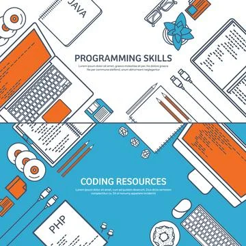 Lined programming,coding and SEO. Outline computing background. Code, hardware Stockillustratie