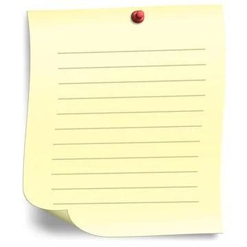 Lined yellow sheet of paper with pin on white background. Stock Illustration