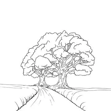 Linedrawing of a big tree on a grassy hill Stock Illustration