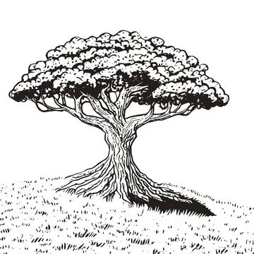 Linedrawing of a big tree on a grassy hill Stock Illustration