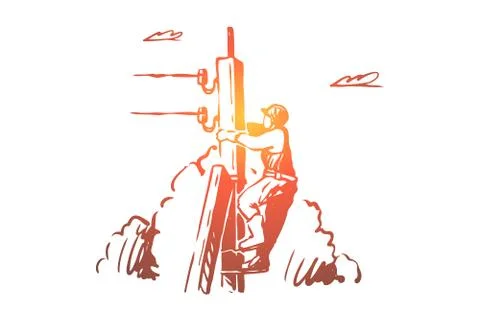 Lineman climbing up telephone post, high voltage line, dangerous profession Stock Illustration