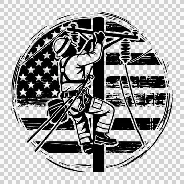 Lineman On Pole And Flag working wires circle monochrome Stock Illustration