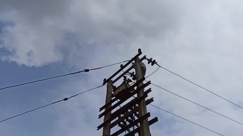 A lineman while working on an electricity pole on a hot sunny day Stock Footage 168412404