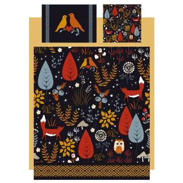 Linen and bedding vector design with beautiful autumn dorest. Both pillows an Stock Illustration