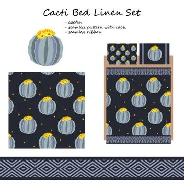 Linen and bedding vector design with cute cacti. Duvet and second pillow are Stock Illustration