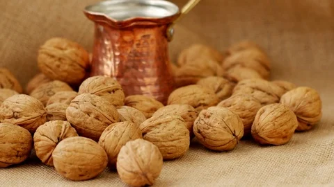 Linen Back ground, walnuts,4k Close up shot, Slider equipment used.LR pan, Left  Stock Footage 85160563