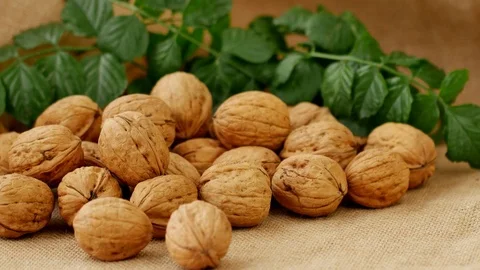 Linen Back ground, walnuts,4k Close up shot, Slide equipment used.RL pan, Right  Stock Footage 85161273