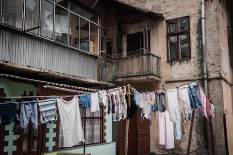 Linen drying on a rope Stockfoto's