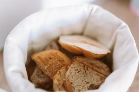 Linen fabric bread bin on kitchen countertop 스톡 사진