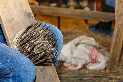 Linen. Manual processing of flax. Flax comb. Making linen at home Stock Photos