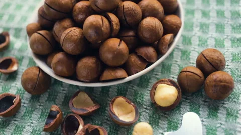 On a linen napkin, a shell and a kernel of macadamia nut. A plate of nuts in the Stock Footage 104935021