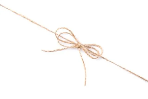 Linen rope string with bow isolated on white, top view Stock Photos