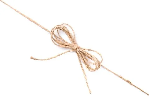 Linen rope string with bow isolated on white, top view Stock Photos