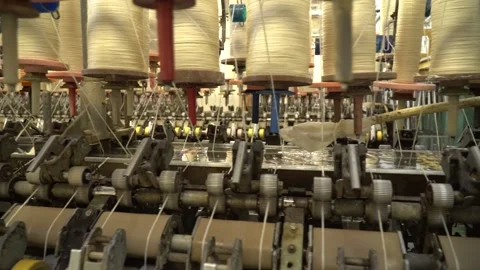 Linen yarn manufacturing process on textile factory machinery Stock Footage 247190491