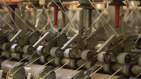 Linen yarn manufacturing process on textile factory machinery Stock Footage 247190523