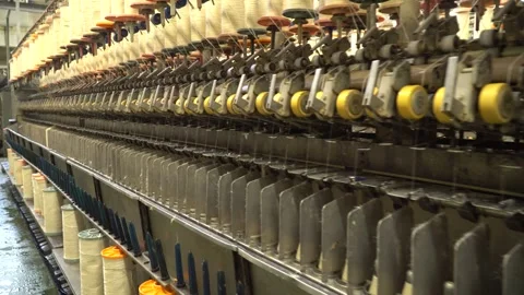 Linen yarn manufacturing process on textile factory machinery Stock Footage 247190566