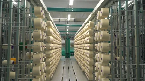 Linen yarn manufacturing process on textile factory machinery Stock Footage 247190606