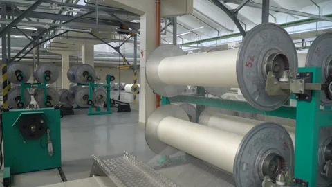 Linen yarn manufacturing process on textile factory machinery Stock Footage 247190808
