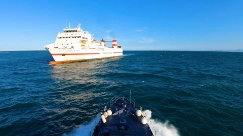 Liner between Valencia and Ibiza city entering in Valencia port. Stock Footage 107420221