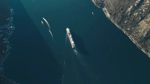 The liner sails through the Gulf of Boko-Kotor, from Kotor to the Adriatic Sea. Stock Footage 286902238