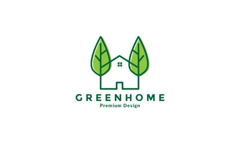 Lines abstract green leaf with home minimalist logo vector symbol icon illu.. Иллюстрация