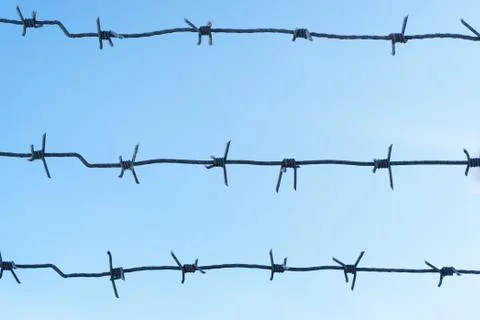 Lines barbed wire. focus with shallow depth of field. closeup Stock Photos