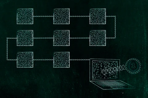 Lines with blockchains connected to a laptop with crypto coin popping out of  Illustrazione stock