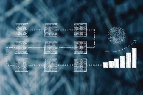 Lines of blockchains with crypto coins and growth graph Stock Illustration