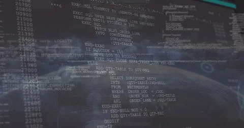 Lines of code and data are displayed on dark screen Stock Photos