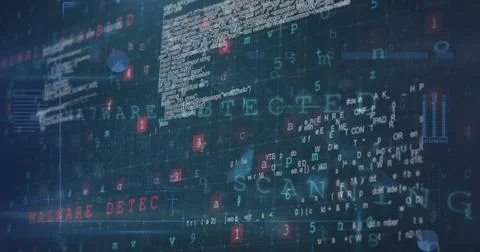 Lines of code and digital symbols are displayed on dark screen Stock Photos