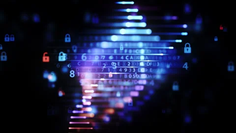 Lines with code and padlocks rotate on black background Stock Footage 267671473