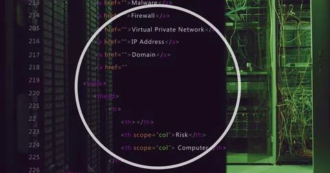 Lines of code are displayed on screen with a focus on cybersecurity terms Foto stock