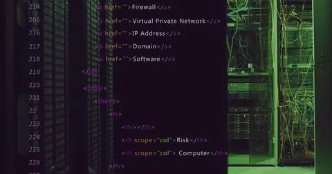 Lines of code overlaying dimly lit server room with numerous cables and 写真素材