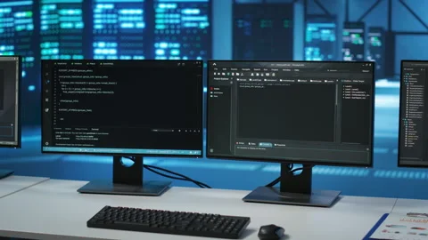 Lines of code running on computer screens in data center, Stock Footage 276138633