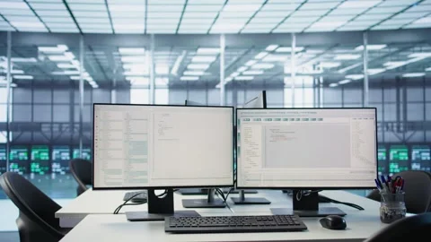 Lines of code running on computer screens in data center Stock Footage 319251661