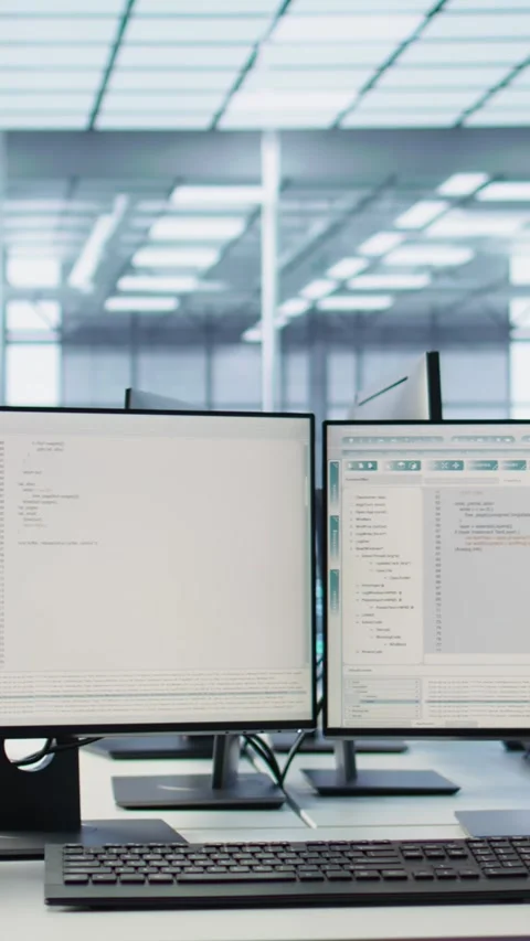 Lines of code running on computer screens in data center Stock Footage 319522161
