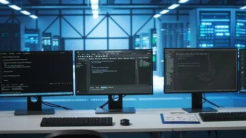 Lines of code running on computer screens in data center Stockfoto's