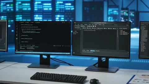 Lines of code running on computer screens in data center, Stock Photos