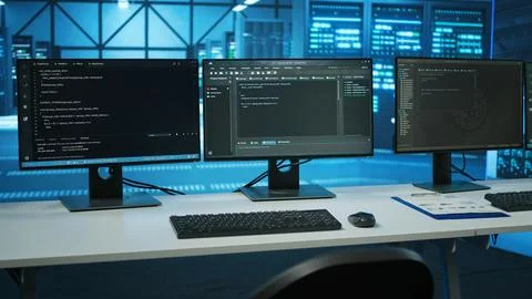 Lines of code running on computer screens in data center Stock Photos