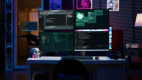 Lines of code running on PC in empty apartment, used by hacker to steal data Stock Footage 275864306
