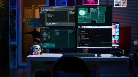 Lines of code running on PC in empty apartment, used by hacker to steal data Stock Photos