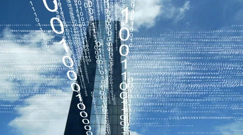 Lines of computer code streaming from an office block. Stock Footage 67958860
