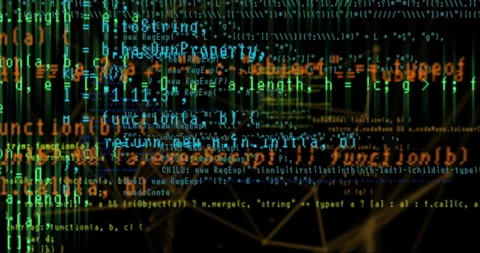 Lines of computer program code on a black background. A web-like connection of Video stock 266104577