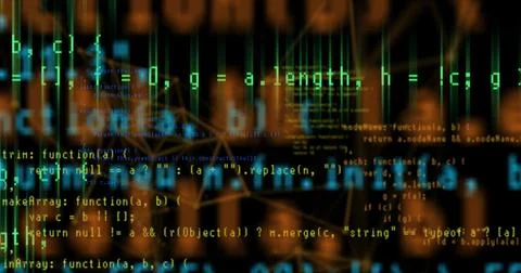 Lines of computer program code on a black background. A web-like connection of Stock Photos