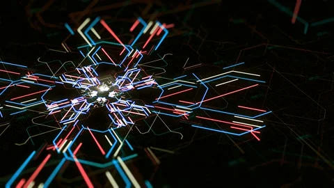 Lines create computer Board pattern. Animation. Pulsing neon lines moving from Stock Footage 144131936
