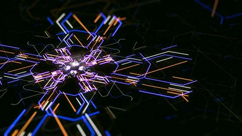 Lines create computer Board pattern. Animation. Pulsing neon lines moving from Stock Footage 144186812