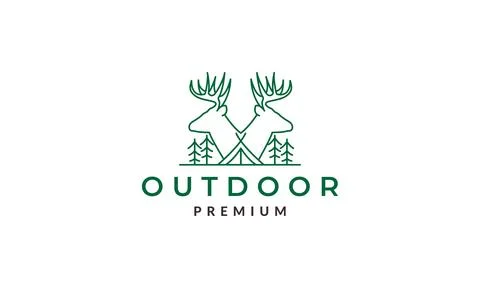 Lines deer with tree pine and camp tent logo symbol vector icon illustratio.. Stock Illustration