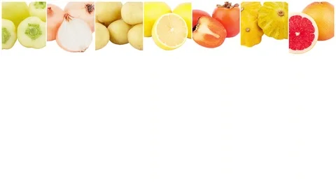 Lines from different yellow vegetables and fruits, isolated on white Stock Footage 125183623