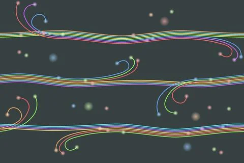 Lines dots and lights, scheme on black background, seamless pattern Stock Illustration